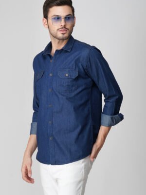 Silky Denim Blue Multi-Pocket Full Sleeve Shirt