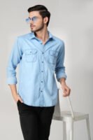 Silky Denim Ice Blue Multi-Pocket Full Sleeve Shirt