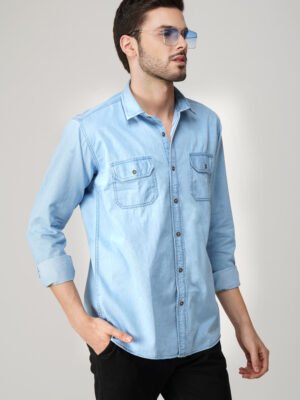 Silky Denim Ice Blue Multi-Pocket Full Sleeve Shirt