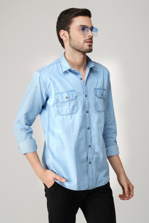 Silky Denim Ice Blue Multi-Pocket Full Sleeve Shirt