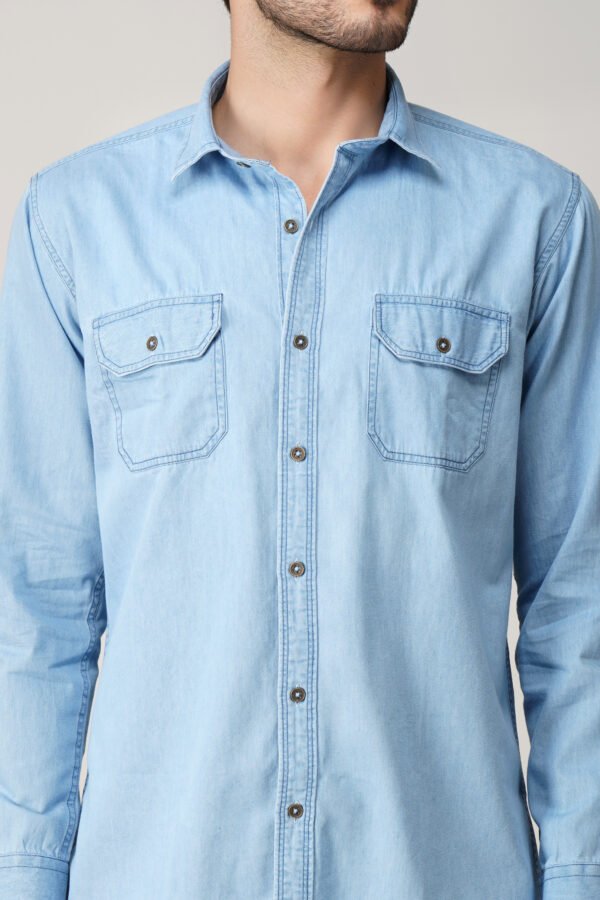 Silky Denim Ice Blue Multi-Pocket Full Sleeve Shirt