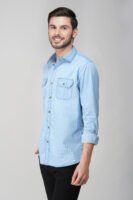 Silky Denim Ice Blue Multi-Pocket Full Sleeve Shirt