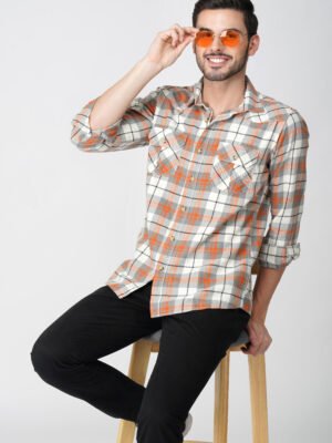 Furgo Orange Full Sleeve Casual Check Shirt